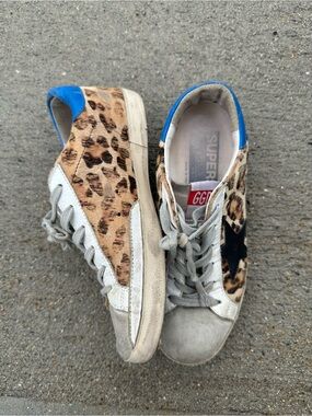 Golden Goose Leopard Print Low-Top Sneakers with Blue Heel